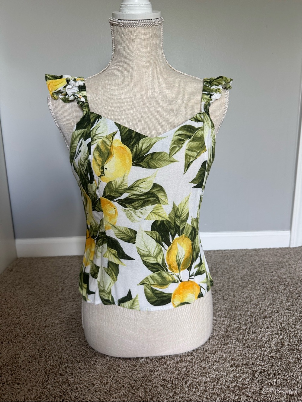 H&M White Lemon Print Ruffled Strap Tank Top